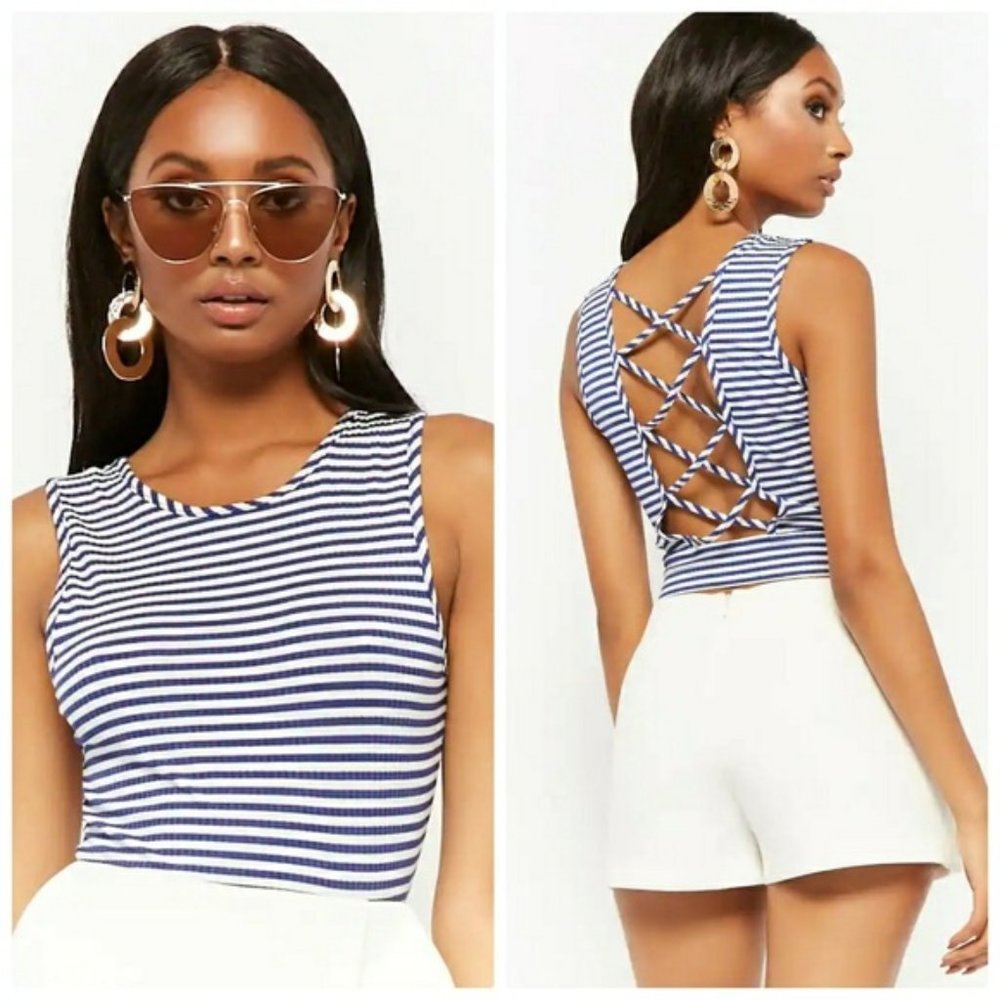 Blue & White Striped Ribbed Knit Top Sz S